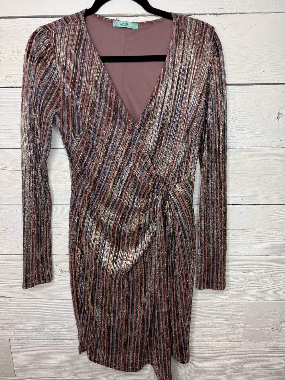 Karlie Purple multi-color Metallic Multi-Stripe Long Sleeve Wrap Dress
